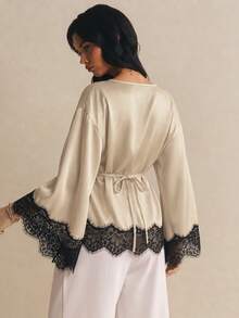 Poéselle Women's Lace Patchwork Casual Daily Long Sleeve Top - Khaki - View 2