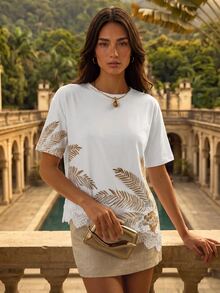 CAJUNI Tropical Print Drop Shoulder Tee - White - View 6