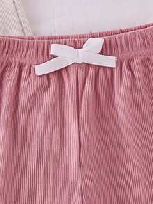 SHEIN Vintaside Kids 3件組幼女寬腿褲 可愛甜美 粉色/灰色/奶油色 羅紋蝴蝶結前綴 高腰 輕便 度假派對 夏季婚禮賓客 假期芭蕾 純色 - 彩色 - 查看 5