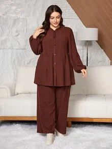 Lacomfia Plus Size Women Stand Collar, Lantern Split Long Sleeve, Fuzzy Textured, Split Stand Collar Shirt Top Patchwork Ribbed Casual Autumn Winter Loose Comfortable Two Pieces Set - Coffee Brown - View 4