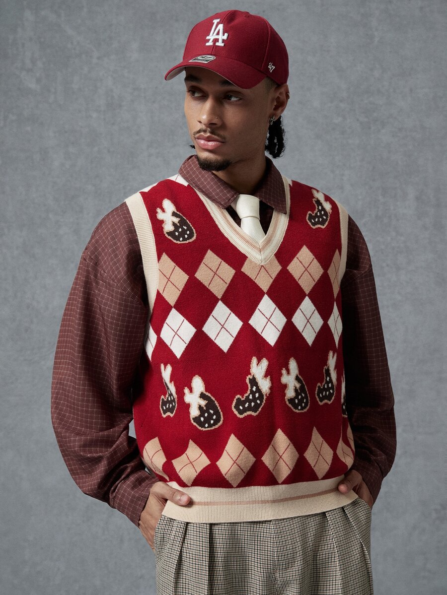 PAVTROS Men's Diamond Pattern V-Neck Casual Versatile Knit Vest - Multicolor - View 1