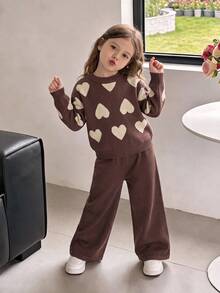 Genkimix Kids 女童秋冬時尚愛心圖案提花針織長袖上衣與黑色長褲套裝 - 棕色 - 查看 6