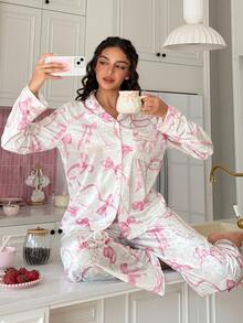SweetSlumber Women's Comfortable Button Long Sleeve Top And Bow Decor Long Pants Pajama Set - Multicolor - View 4