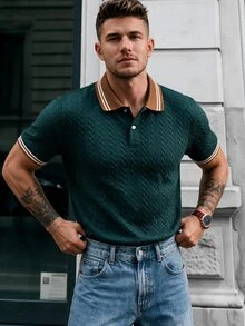 Manfinity CasualCool 英式風格拼色領波浪圖案提花 Polo 衫 男士高級百搭短袖 T 恤 - 墨綠色 - 查看 4