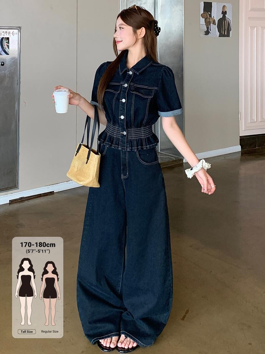 Dazy Tall Women's Short Sleeve Denim Top & Loose Straight Leg Pants Casual Denim Two Pieces Set - Dark Wash - View 1