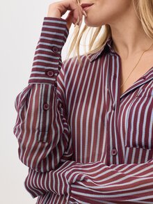 KÆRIA Hus Sheer Long Sleeve Button-Up Shirt - Chiffon - Burgundy & Blue Stripe - Relaxed, Workwear, Elegant - Pink - View 6