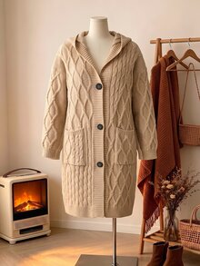 Rusticease Plus Size Women's Long Sleeve Single-Breasted Double Pocket Design Hooded Knit Cardigan - Khaki - View 2