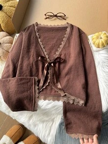 Comfortcana Cardigan Rajut Lengan Panjang Wanita Ukuran Plus dengan Detail Renda Kontras di Bagian Depan dan Tali Pengikat - Coklat - View 1