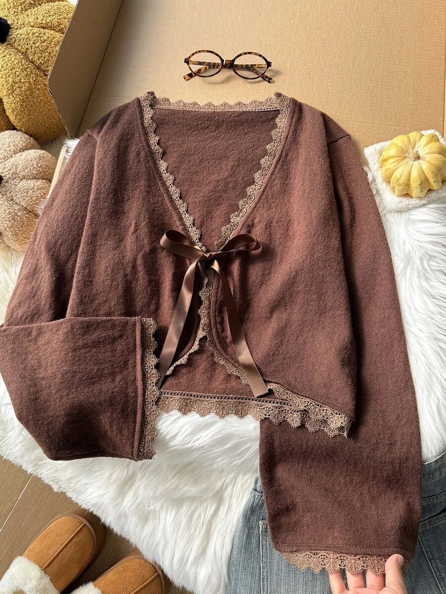 Comfortcana Cardigan Rajut Lengan Panjang Wanita Ukuran Plus dengan Detail Renda Kontras di Bagian Depan dan Tali Pengikat - Coklat - View 1