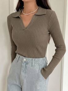 DAZY Women's Solid Color Lapel Long Sleeve Business Casual Pullover Sweater - Camel - View 2
