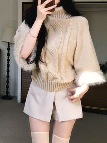 DAZY Women's Semi-High Neck Frayed Patchwork Casual Solid Color Autumn/Winter Korean Style Elegant Sweater - Pink - View 5
