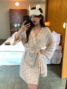DAZY Women's Fashionable Versatile Polka Dot Contrast Color Robe For Home Wear - White - View 10