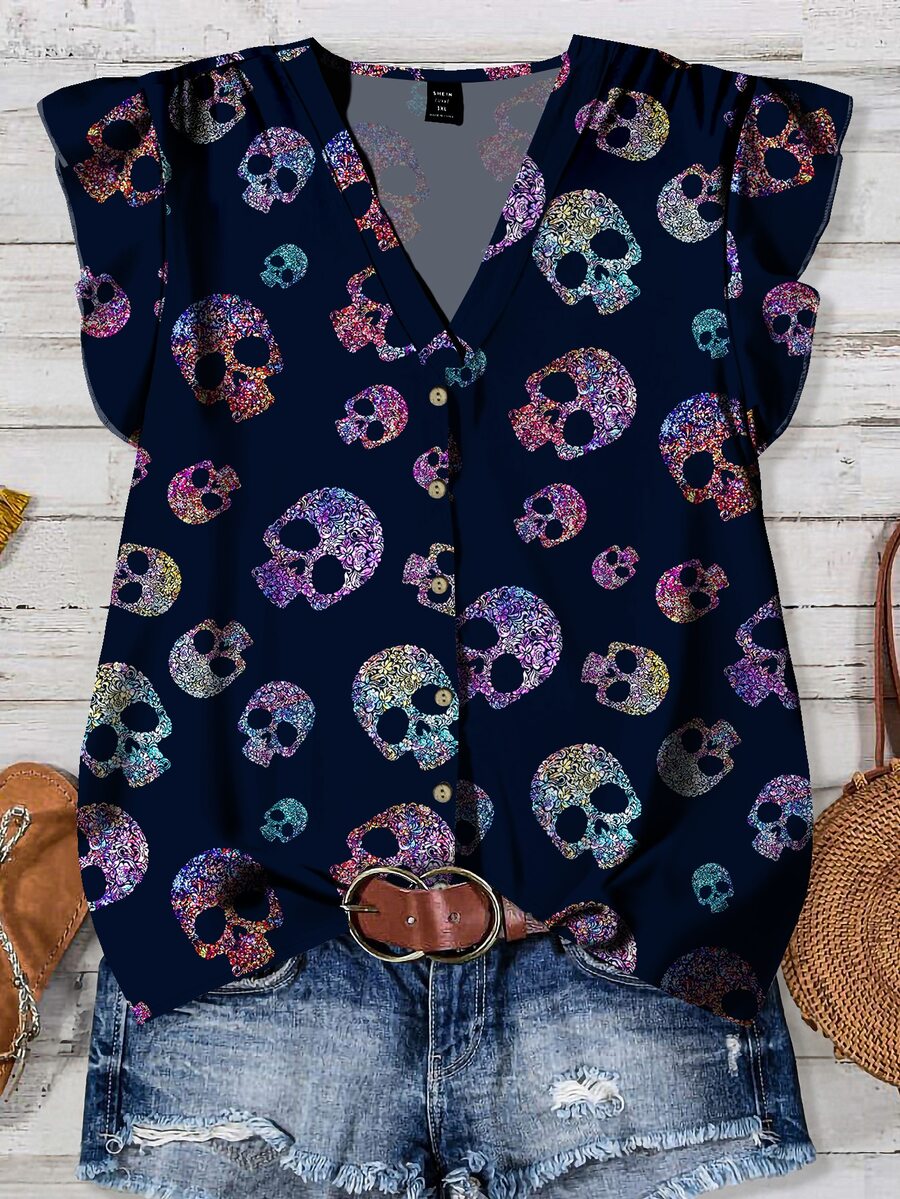EMERY ROSE Casual Minimalist Plus Size Shirt Suitable For Summer Fall - Navy Blue - View 1
