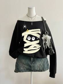 SHEIN EZwear Casual Loose Off-Shoulder Printed Pattern Thick Sweatshirt - Black - View 6