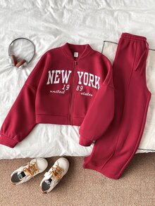 Kids Tween Girl 1pc Letter Graphic Zip Up Thermal Lined Bomber Autumn Winter Jacket & 1pc Wide Leg Sweatpants Set - Burgundy - View 4