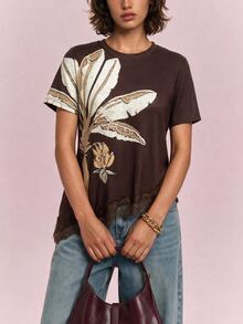 CAJUNI Chic Vacation Embroidery Golden Palm Tree Fancy Brown Lace Blouse - Brown - View 6