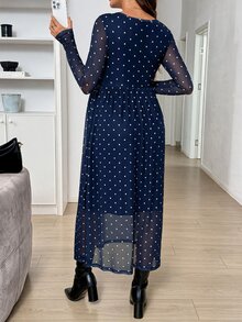 SHEIN Polka Dot Print Round Neck Long Sleeve Elegant Maternity Nursing Dress Fall - Blue and White - View 7