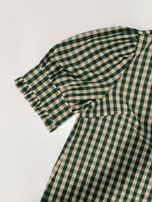 Linhara 大尺碼女款秋季荷葉邊綠色格紋度假休閒 1920 年代復古風上衣，綠色格紋格紋上衣 度假生日穿搭 - 彩色 - 查看 5