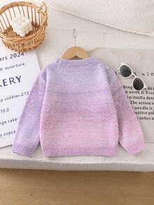 SHEIN Sweater Rajut Gradien Ombre untuk Anak Perempuan, Atasan Rajut Pullover Leher Bulat, Blus Serbaguna dari Benang Lembut untuk Anak Perempuan - MultiWarna - View 2