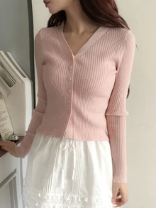 DAZY 女款素色修身短版長袖V領休閒度假韓風秋冬針織開襟外套 - 粉色 - 查看 7