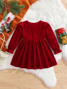 SHEIN Infant Toddler Vintage Velvet Santa Style Dress Baby Holiday Party Outfit Christmas Autumn Winter Dress - Red - View 2
