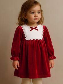 SHEIN Infant Toddler Vintage Velvet Santa Style Dress Baby Holiday Party Outfit Christmas Autumn Winter Dress - Red - View 5