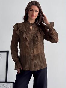 Firerie Autumn Women Elegant Sophisticated Romantic Palace Vintage Stand Collar Ruffle Jacquard Textured Button Bell Sleeve Apricot Blouse Going Out Tops - Brown - View 7