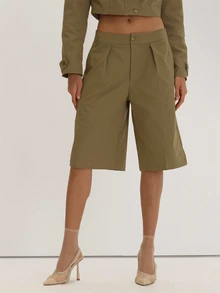 MUSEYN Khaki Woven Tailored Bermuda Shorts Versatile Everyday Casual Fall - Army Green - View 3