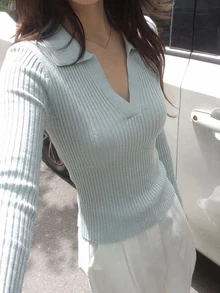 DAZY 女款素色休閒日常長袖針織衫 - 淺藍色 - 查看 7