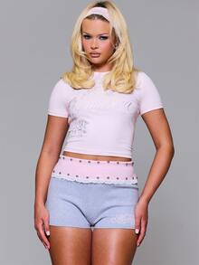 MUSERA Silver Foil Graphic Printed Fitted Crewneck Tee Autumn Fall Winter Daily Back To School Pink Pony - Pink - View 2