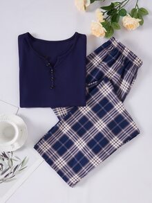 1 Set Girls' Plaid Pajama Set, Navy Blue Solid Color Half-Button Top, Blue & White Classic Plaid Print Pants, Soft Skin-Friendly Woven Fabric, Smooth Drape Comfortable (1 Set Sold Separately) - Multicolor - View 8