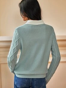 SHEIN Women's Autumn/Winter Patchwork Rhinestone Lapel Long Sleeve Casual Sweater - Limelight Green - View 6