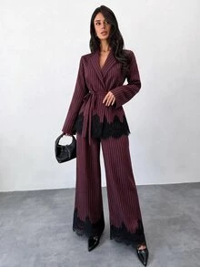 Firerie 女款優雅兩件套，對比色蕾絲下擺條紋西裝外套搭配長褲 - 酒紅色 - 查看 5
