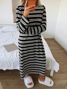 Livesso Women's Striped Colorblock Casual Daily Home Loungewear Dress - Black - View 6