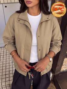 SHEIN BASICS Women's Street Fashion Casual Button Pocket Long Sleeve Jacket Everyday Travel Khaki Autumn Fall/Winter Winter Warmth - Khaki - View 6