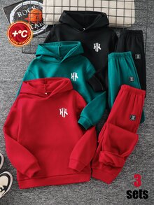 SHEIN 3套買2送1聖誕套裝，兒童青少年男孩休閒運動風，聖誕紅、聖誕綠、黑色連帽衛衣與運動長褲套裝，適合秋季、學校秋季穿搭、冬季穿搭，男孩兒童套裝 - 彩色 - 查看 1