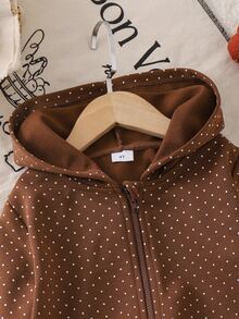 SHEIN Vintaside Kids 女童單件可愛波點長袖連帽拉鍊運動衫，休閒寬鬆輕便夾克，幼兒春秋日常穿著甜美時尚小女孩連帽上衣 - 棕色 - 查看 8