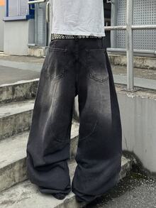 STEELVANCE Men's Streetwear Retro Fashion Versatile Distressed Washed Rivet Patchwork Multi-Pocket Design Loose Straight Wide Leg Casual Denim Jeans (Belt And Accessories Not Included) - Black - View 2