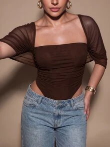 SHEIN BAE CURVE Plus Size Sexy Mesh Ruched Bodysuit For Date And Vacation - Coffee Brown - View 6
