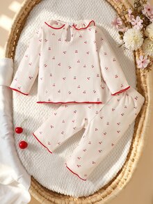 SHEIN 3pcs Newborn Baby Girls Top + Pants Set Sweet Cream Red Cherry Print Bow Ruffle Long Sleeve Ruffle Neck Regular Party Fall Holiday Ribbed - Beige - View 2