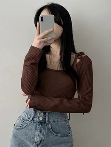 DAZY Women's Lace-Up Asymmetric Shoulder Solid Color Long Sleeve 2 In 1 T-Shirt - Coffee Brown - View 4