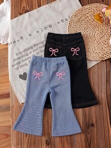 SHEIN 2件裝女嬰彈性喇叭褲，對比蝴蝶結印花，百搭萬用，柔軟加厚冬季款 - 彩色 - 查看 2