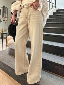SHEIN EZwear Celana Jeans Longgar Serbaguna untuk Wanita dengan Kantong Kancing - Khaki - View 6