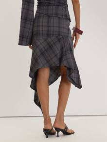 MUSEYN Grey Check Asymmetric Midi Skirt Versatile Everyday Casual Fall - Multicolor - View 5