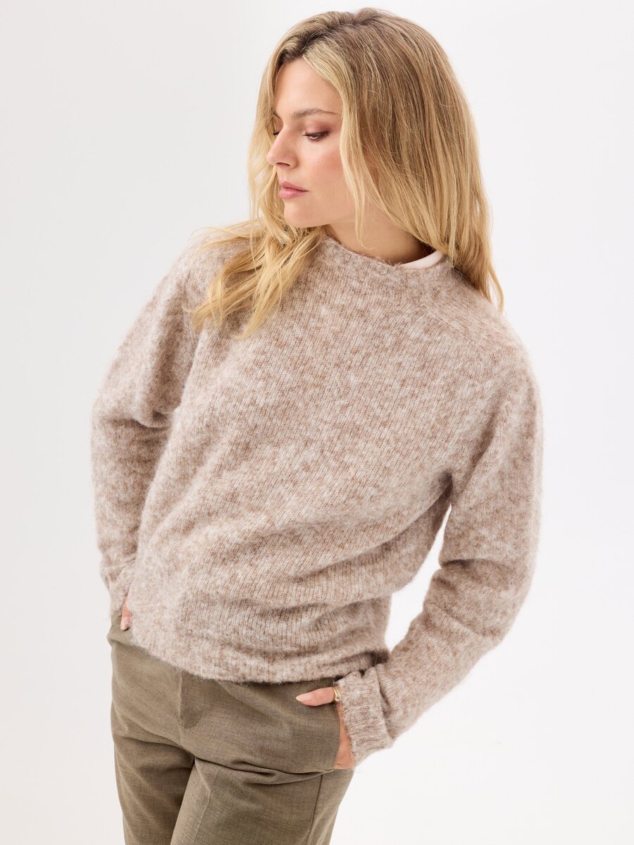 KÆRIA Hus Long Sleeve Brushed Knit Sweater - Soft Touch Knit - Oatmeal Marle - Relaxed, Preppy, Layering - Grey - View 1