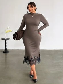 Firerie Plus Size French Lace Patchwork Waist-Cinching Dress - Brown - View 4