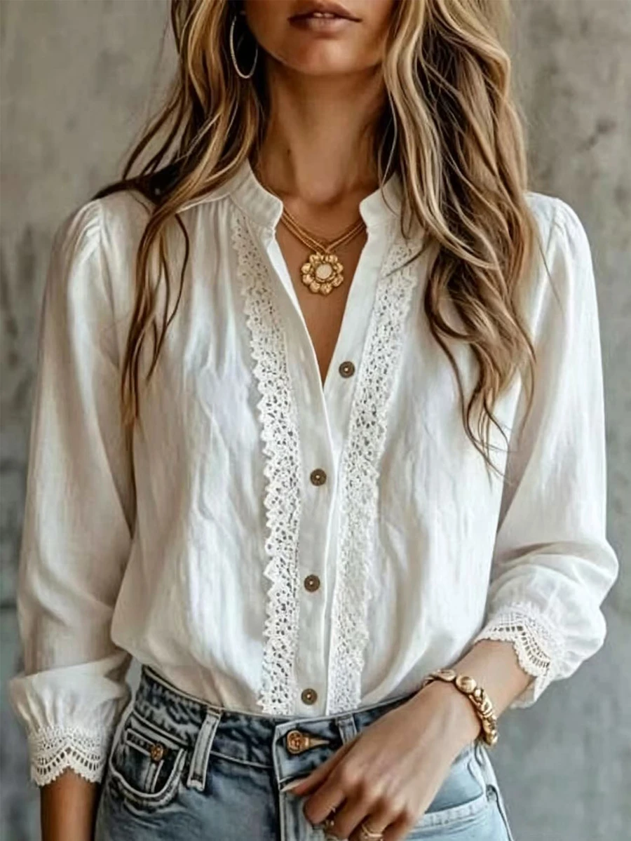 SHEIN LUNE White Stand Collar Button Front Water-Soluble Floral Lace ...