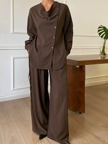 Dazy Tall Women's Solid Color Pleated Top And Pants Casual Daily 2 Pieces Set - Brown - View 3