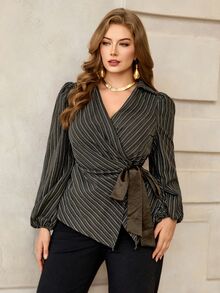 Roveilla Plus Size Women's Dark Green Lantern Sleeve Side Tie Waist Fashion Blouse Brunch Office Autumn Elegant Casual - Dark Green - View 3