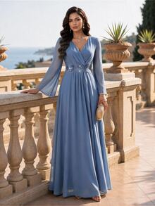 Auveirra Plus Size French Elegant 3D Floral Decor Long Sleeve Dress - Blue - View 6